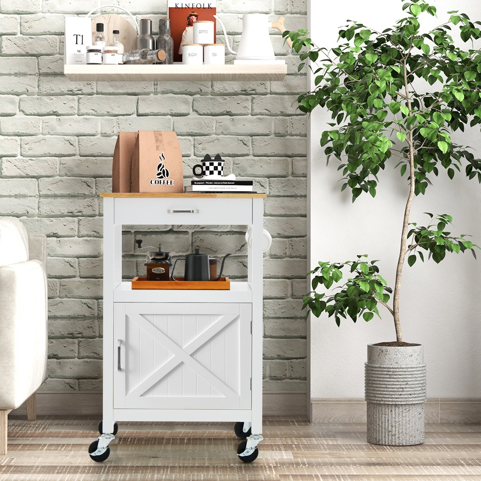 Rolling Kitchen Island Cart with Drawer and Side Hooks, White Kitchen Islands & Carts   at Gallery Canada