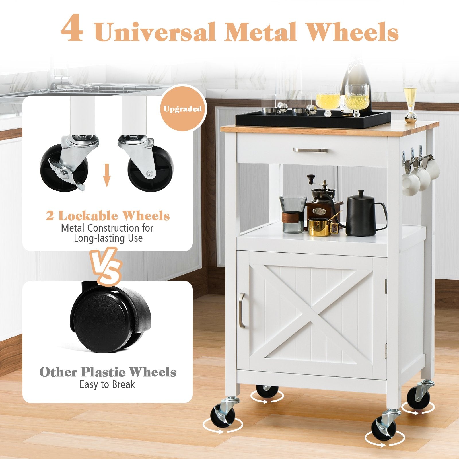 Rolling Kitchen Island Cart with Drawer and Side Hooks, White Kitchen Islands & Carts   at Gallery Canada