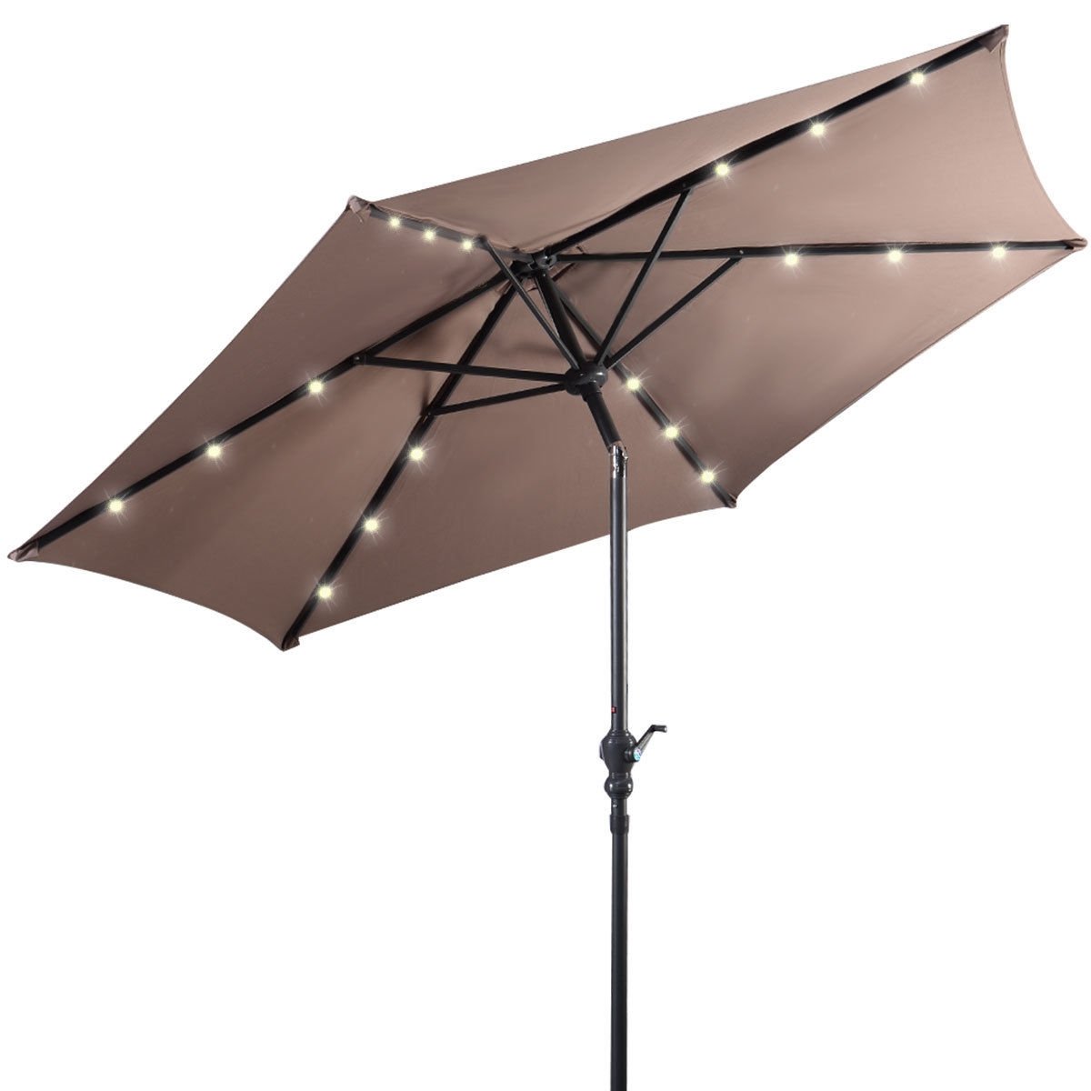 9' Solar LED Lighted Patio Market Umbrella Tilt Adjustment Crank Lift , Tan Outdoor Umbrellas   at Gallery Canada