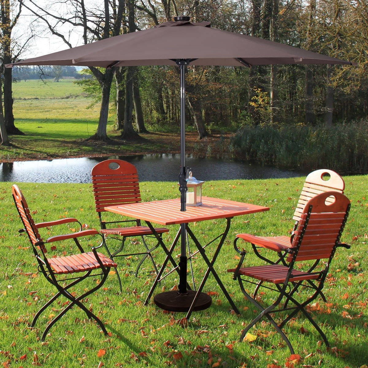 9' Solar LED Lighted Patio Market Umbrella Tilt Adjustment Crank Lift , Tan Outdoor Umbrellas   at Gallery Canada