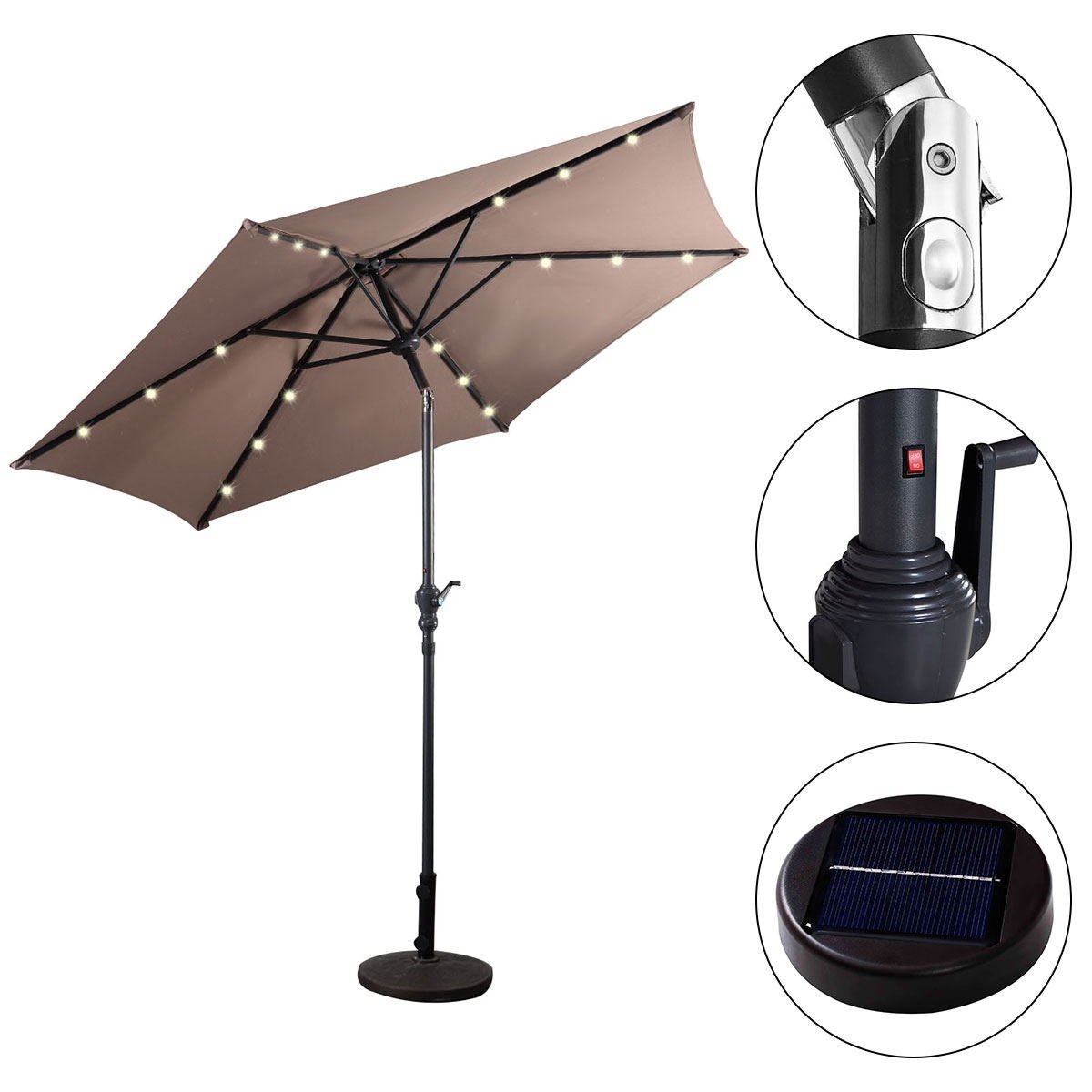 9' Solar LED Lighted Patio Market Umbrella Tilt Adjustment Crank Lift , Tan Outdoor Umbrellas   at Gallery Canada