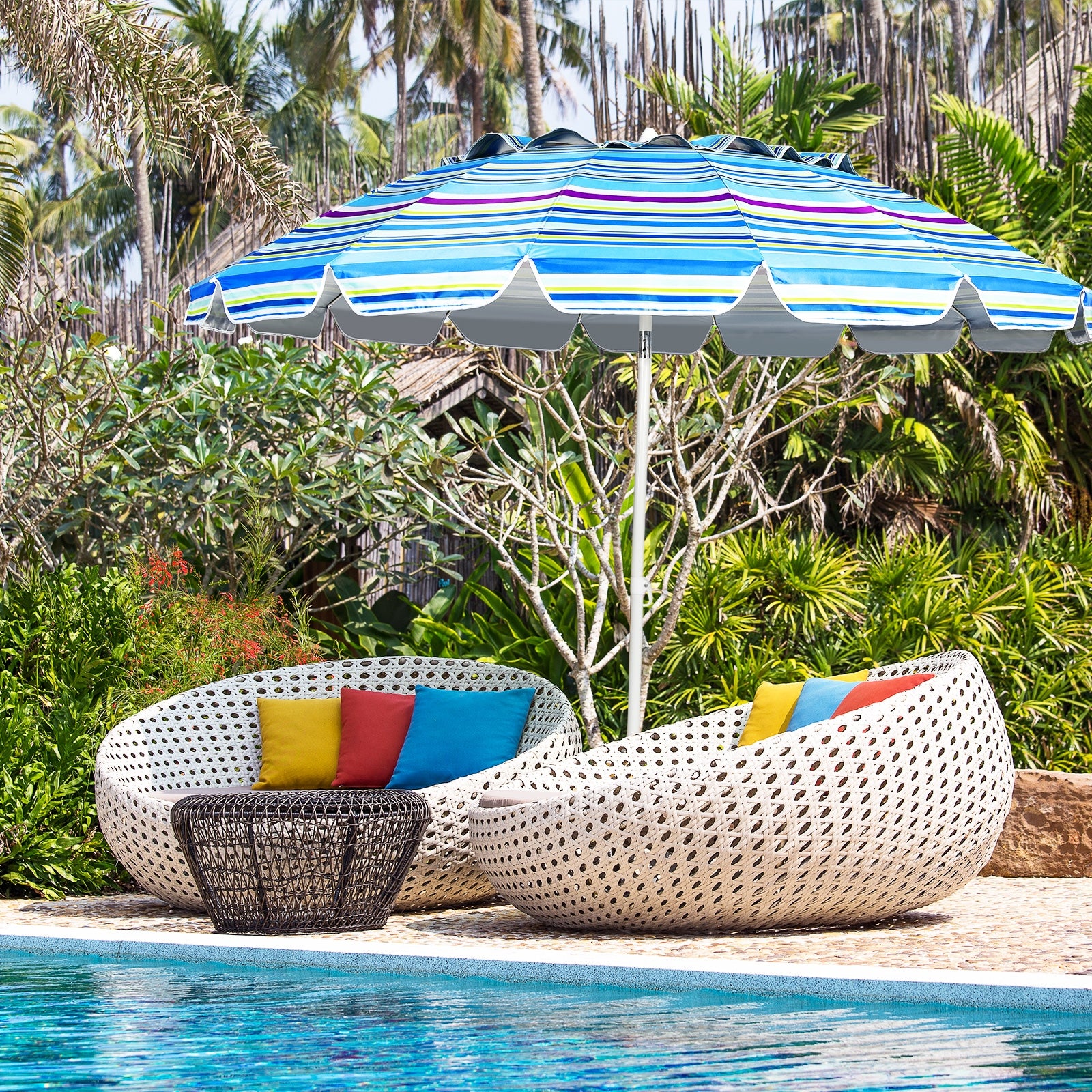 8FT Portable Beach Umbrella with Sand Anchor and Tilt Mechanism for Garden and Patio, Blue Outdoor Umbrellas at Gallery Canada