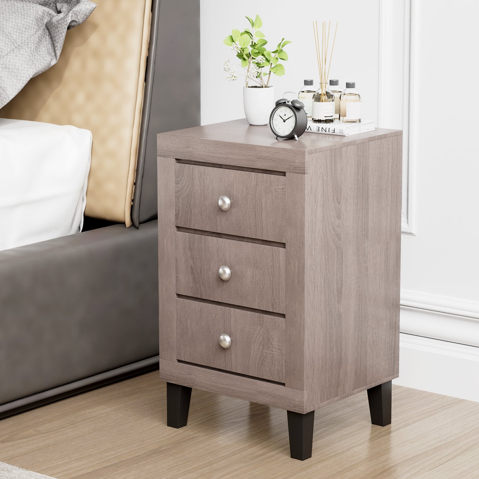 Modern Nightstand with 3 Drawers for Bedroom Living Room, Gray Nightstands   at Gallery Canada