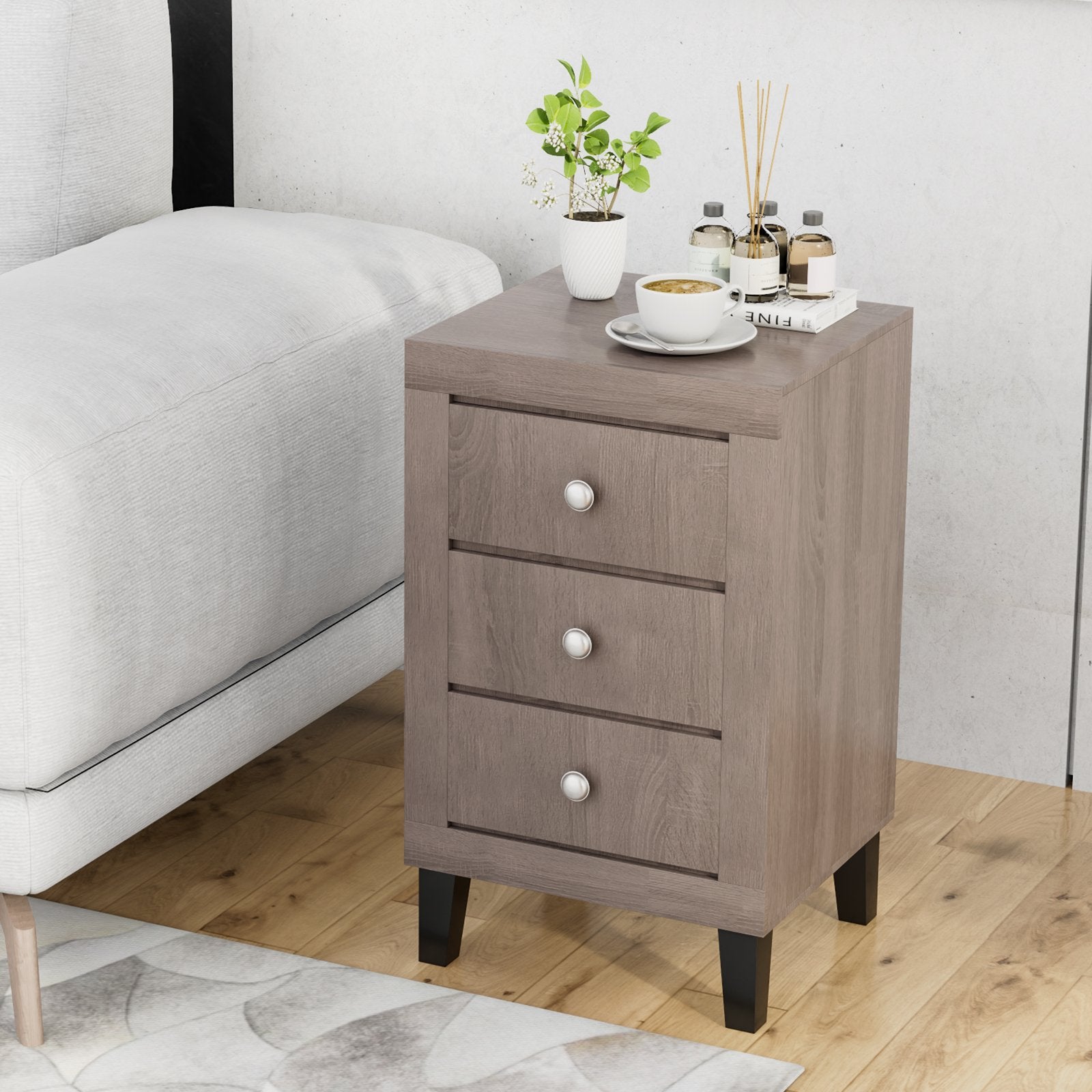 Modern Nightstand with 3 Drawers for Bedroom Living Room, Gray Nightstands   at Gallery Canada