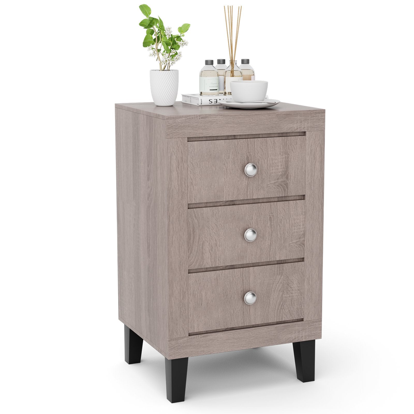 Modern Nightstand with 3 Drawers for Bedroom Living Room, Gray Nightstands   at Gallery Canada