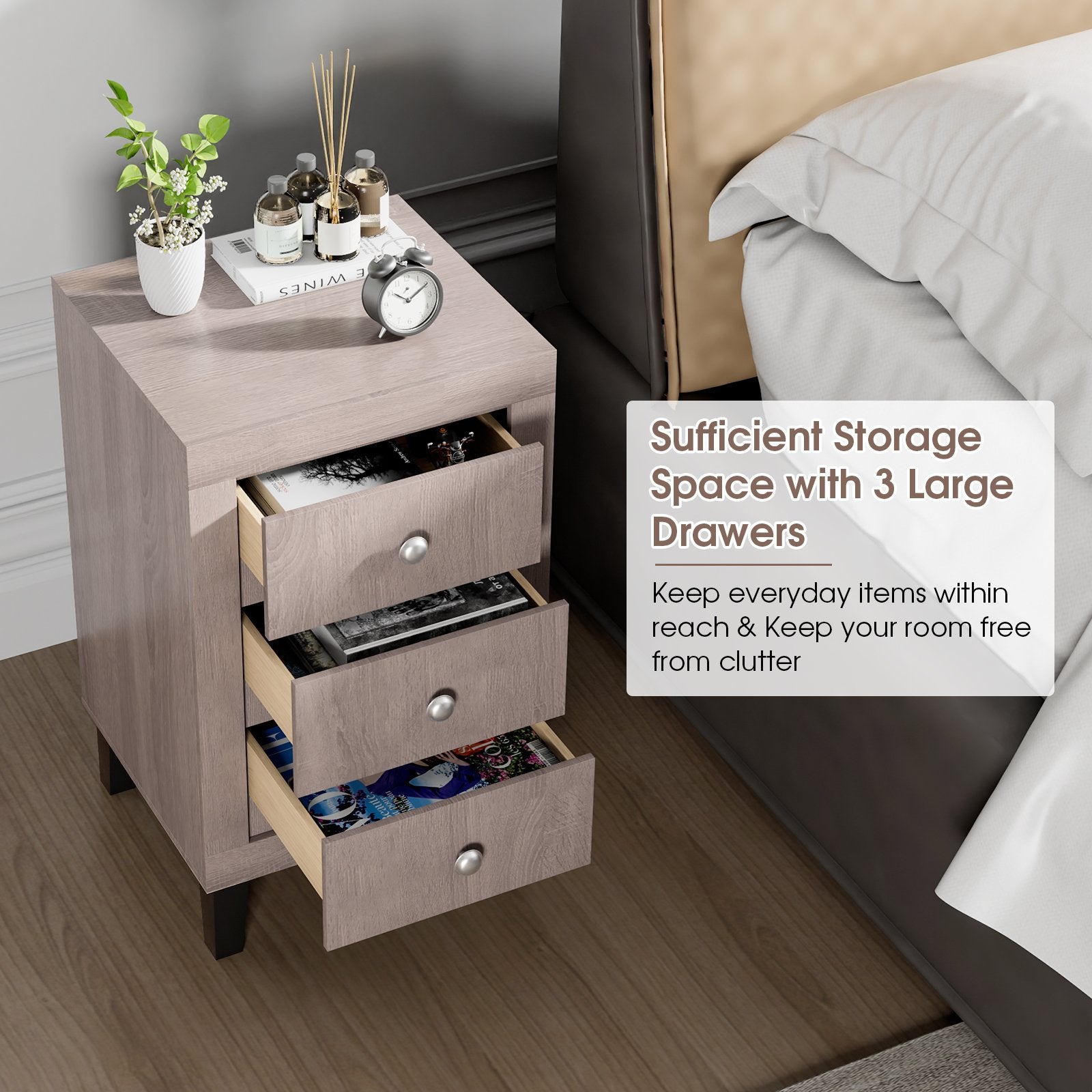 Modern Nightstand with 3 Drawers for Bedroom Living Room, Gray Nightstands   at Gallery Canada