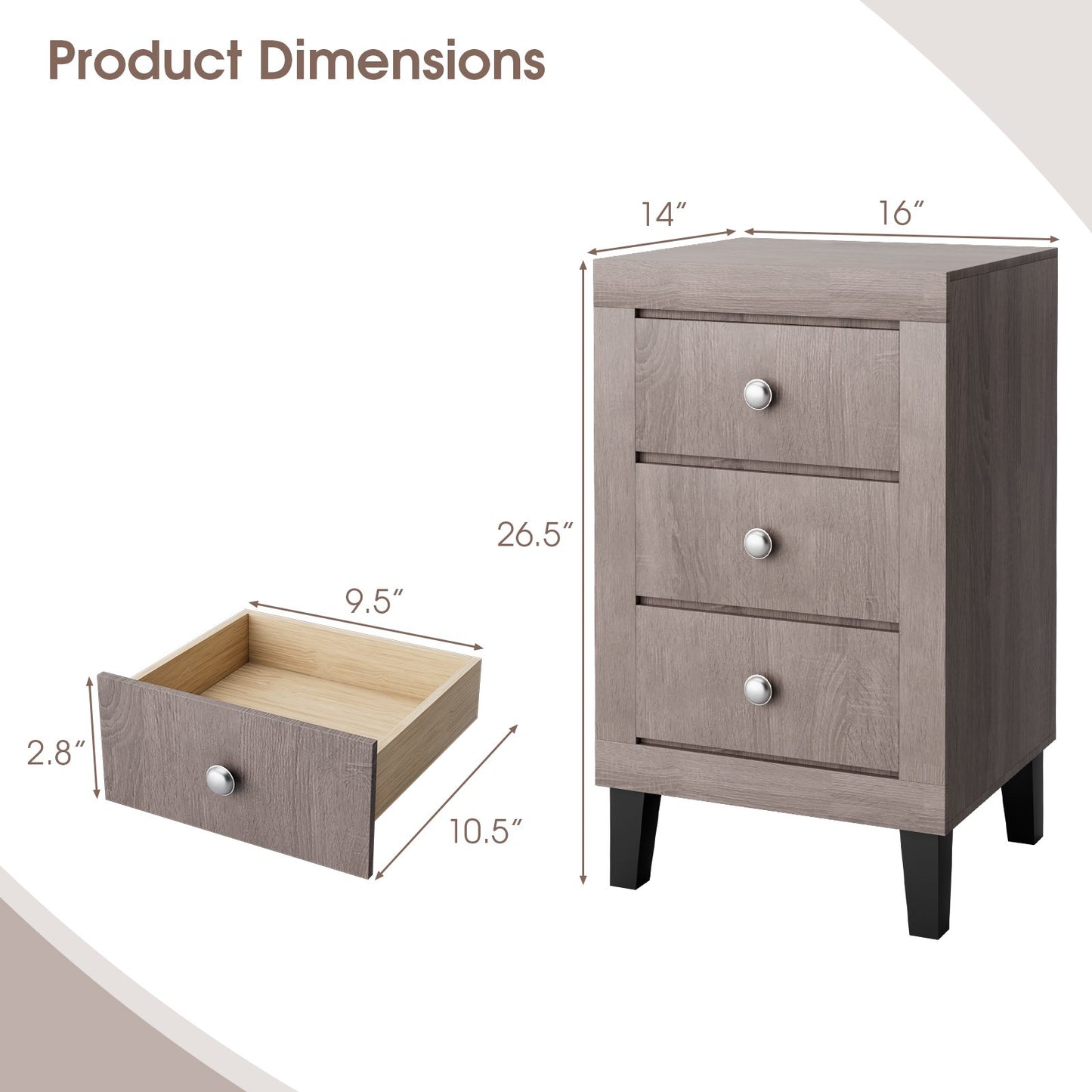 Modern Nightstand with 3 Drawers for Bedroom Living Room, Gray - Gallery Canada