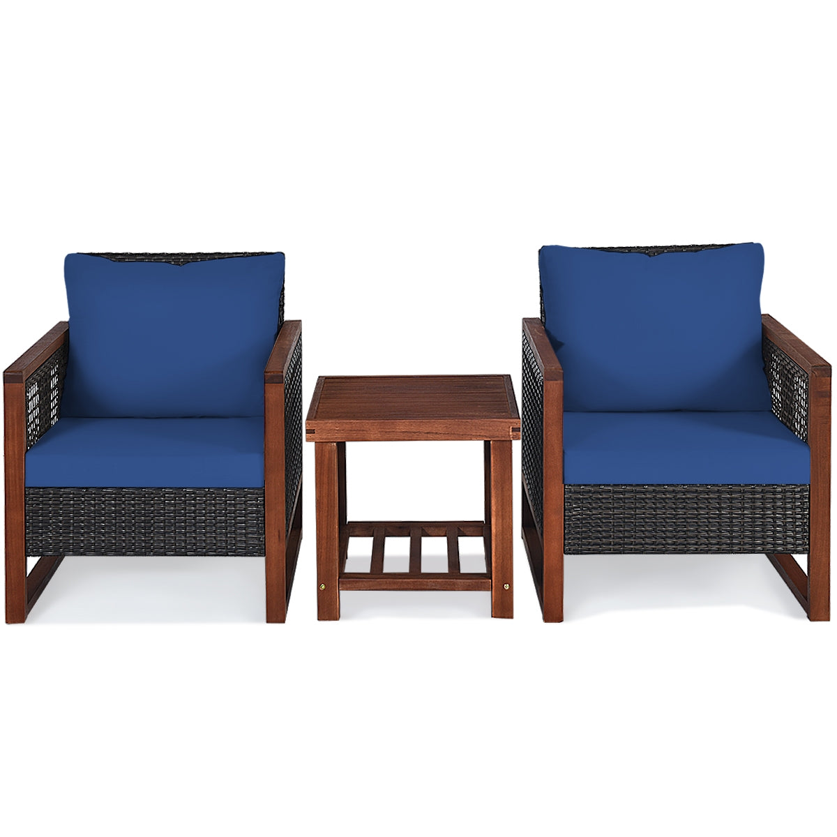 3 Pcs Patio Wicker Furniture Sofa Set with Wooden Frame and Cushion, Navy Patio Conversation Sets at Gallery Canada