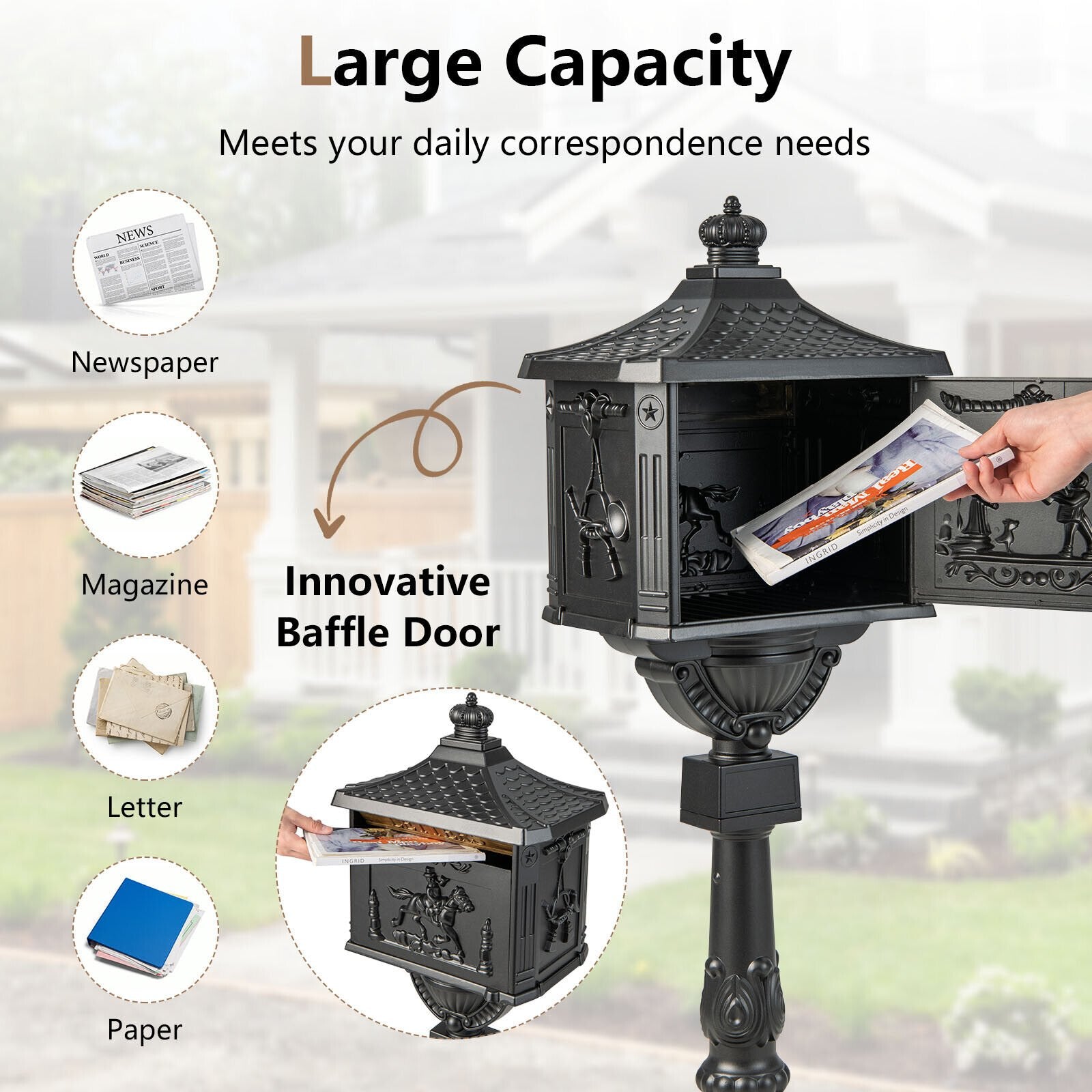 Retro Cast Aluminum Mailbox Security Postal Letter Box with Baffle Door, Black Outdoor Decor   at Gallery Canada