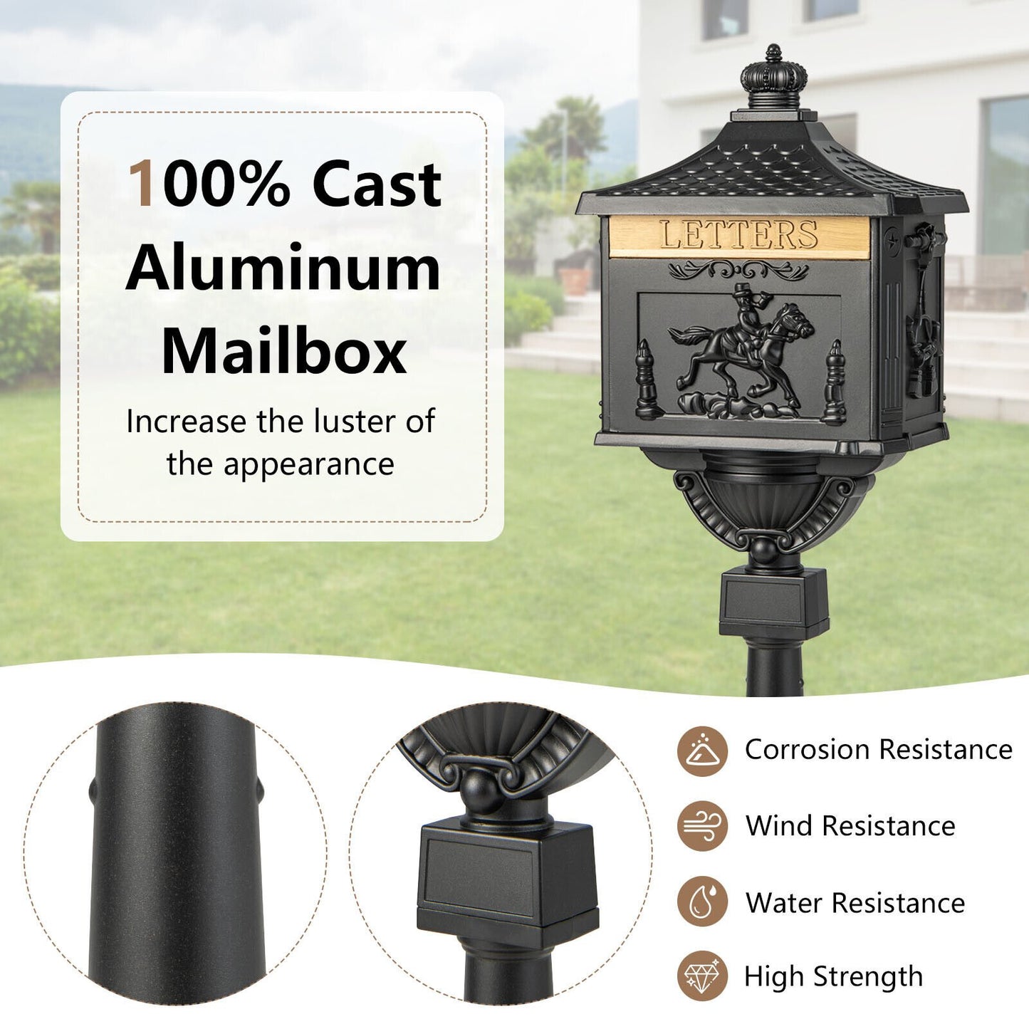 Retro Cast Aluminum Mailbox Security Postal Letter Box with Baffle Door, Black Outdoor Decor   at Gallery Canada