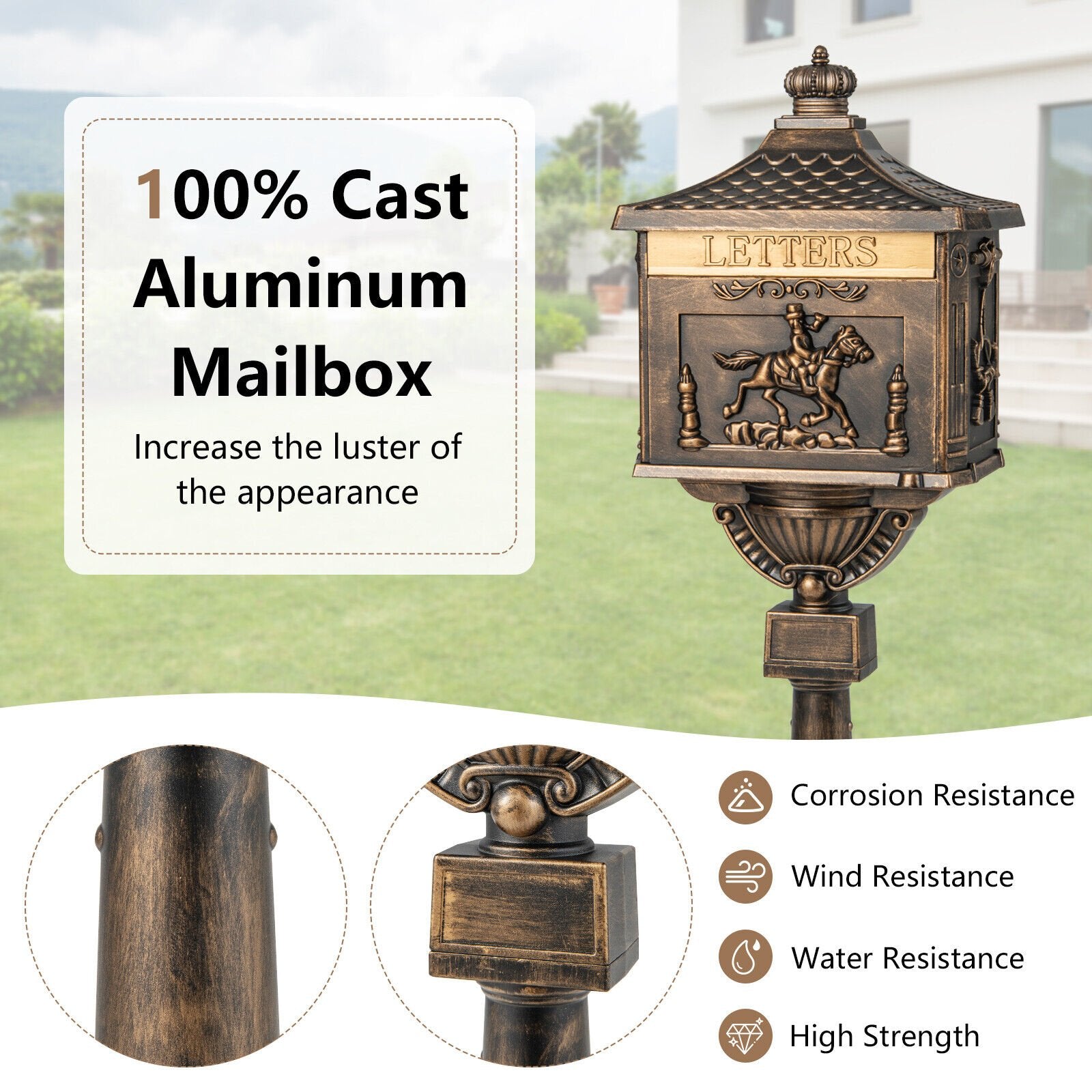 Retro Cast Aluminum Mailbox Security Postal Letter Box with Baffle Door, Bronze - Gallery Canada