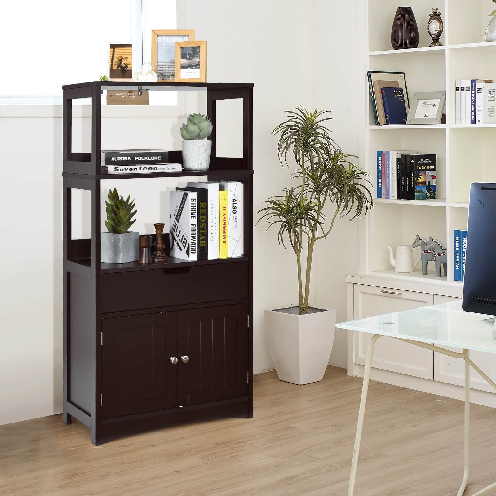 Bathroom Storage Cabinet with Drawer and Shelf Floor Cabinet, Dark Brown Floor Cabinets   at Gallery Canada