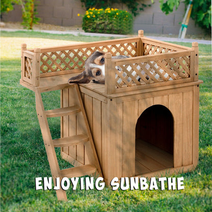 Wooden Dog House with Stairs and Raised Balcony for Puppy and Cat - Gallery Canada