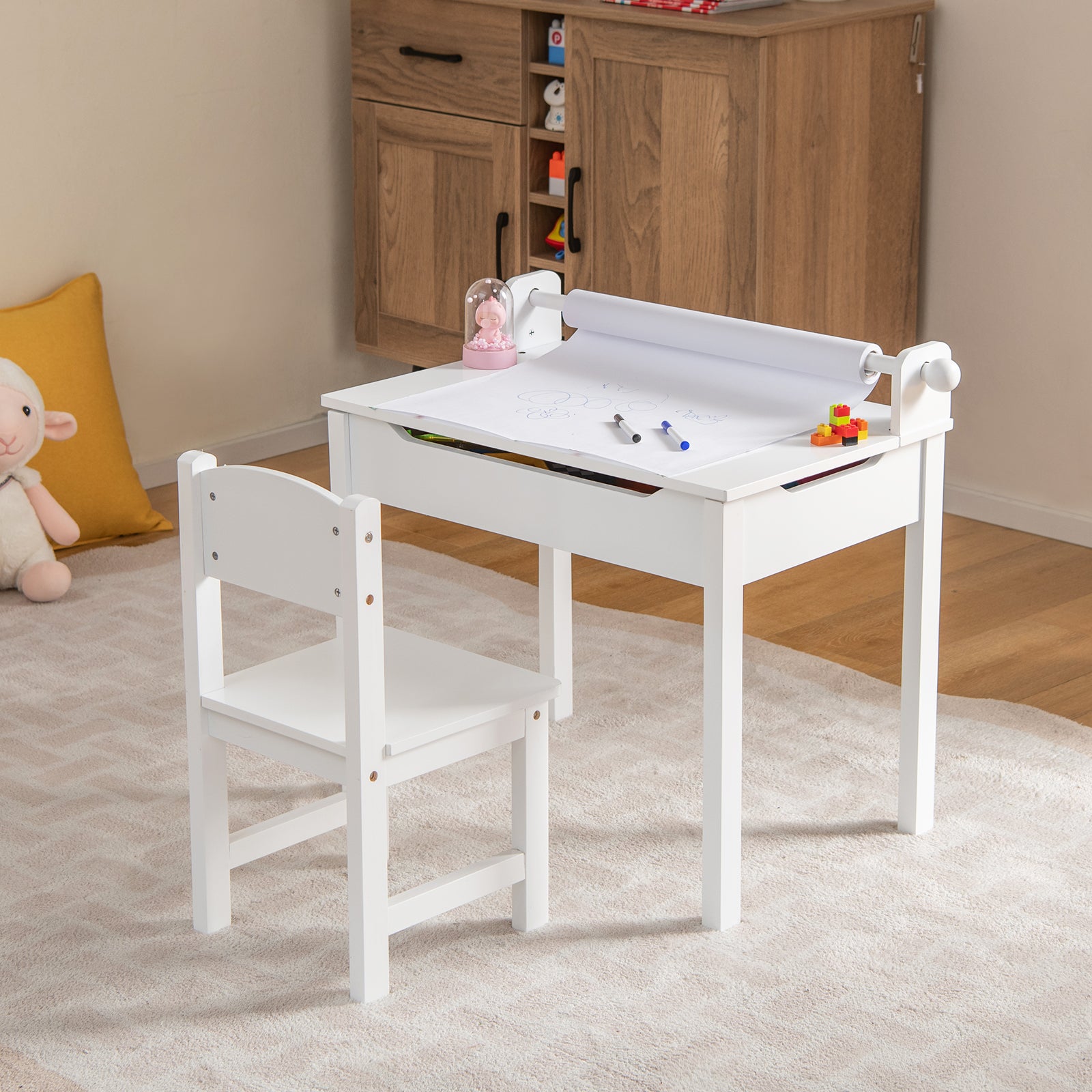 Wooden Kids Table and Chair Set with Storage and Paper Roll Holder, White Kids Table & Chair Sets   at Gallery Canada