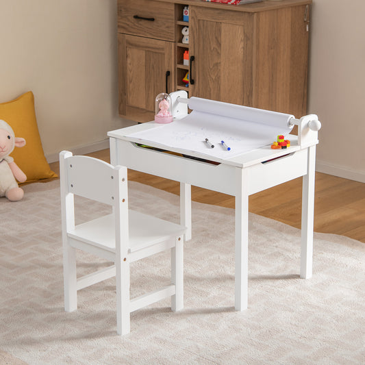 Wooden Kids Table and Chair Set with Storage and Paper Roll Holder, White Kids Table & Chair Sets White  at Gallery Canada