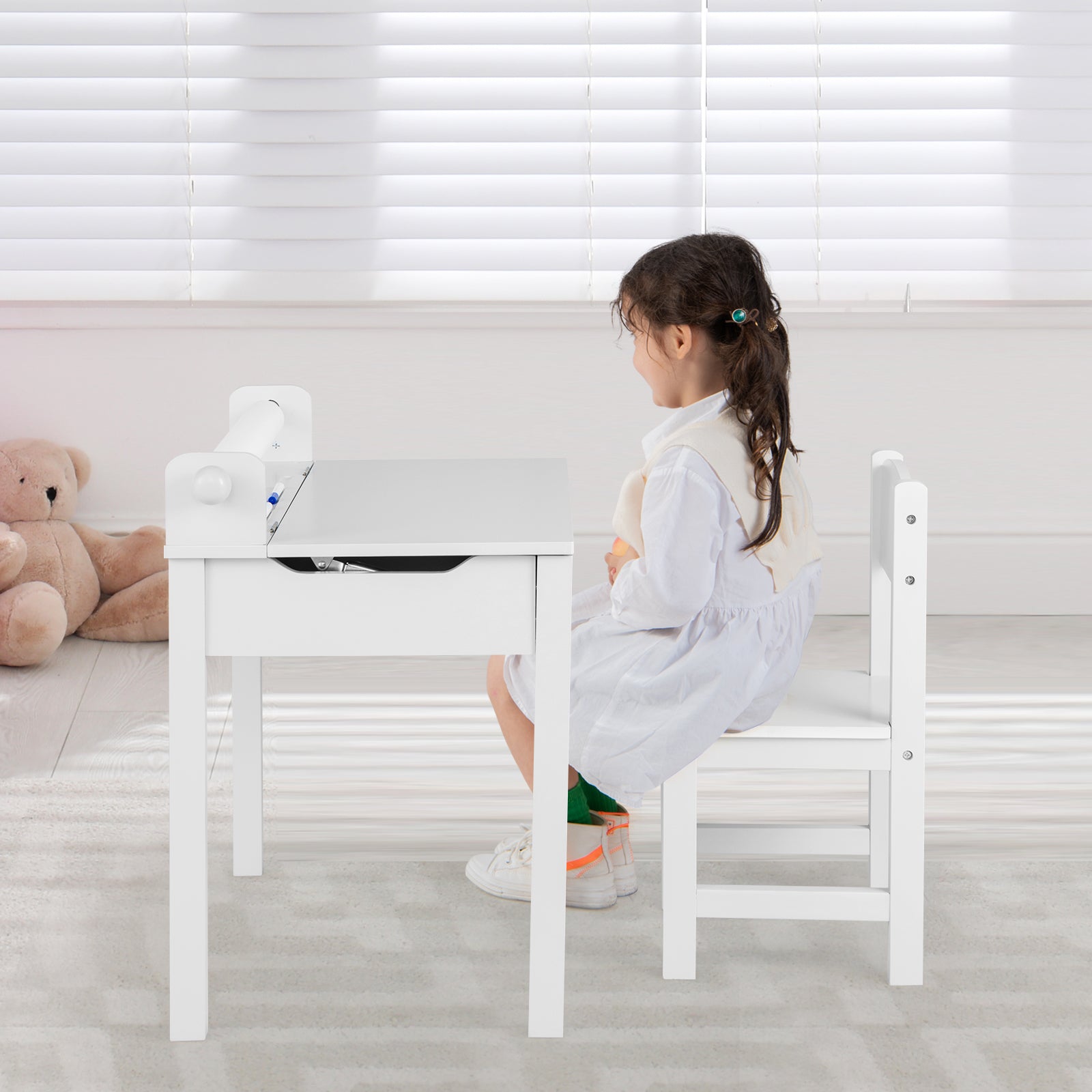 Wooden Kids Table and Chair Set with Storage and Paper Roll Holder, White Kids Table & Chair Sets   at Gallery Canada