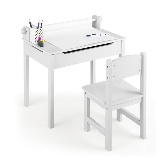 Wooden Kids Table and Chair Set with Storage and Paper Roll Holder, White Kids Table & Chair Sets White  at Gallery Canada