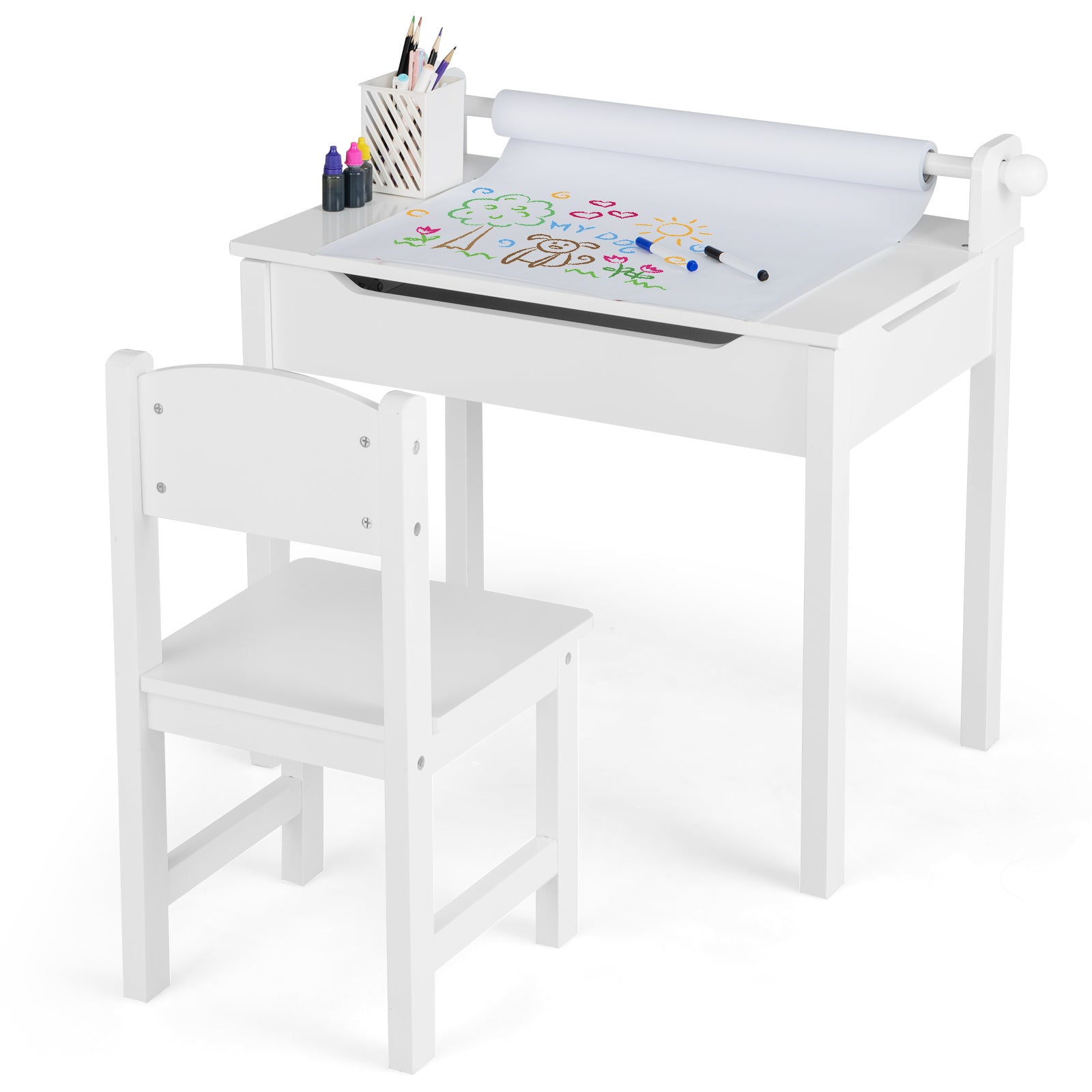 Wooden Kids Table and Chair Set with Storage and Paper Roll Holder, White Kids Table & Chair Sets   at Gallery Canada