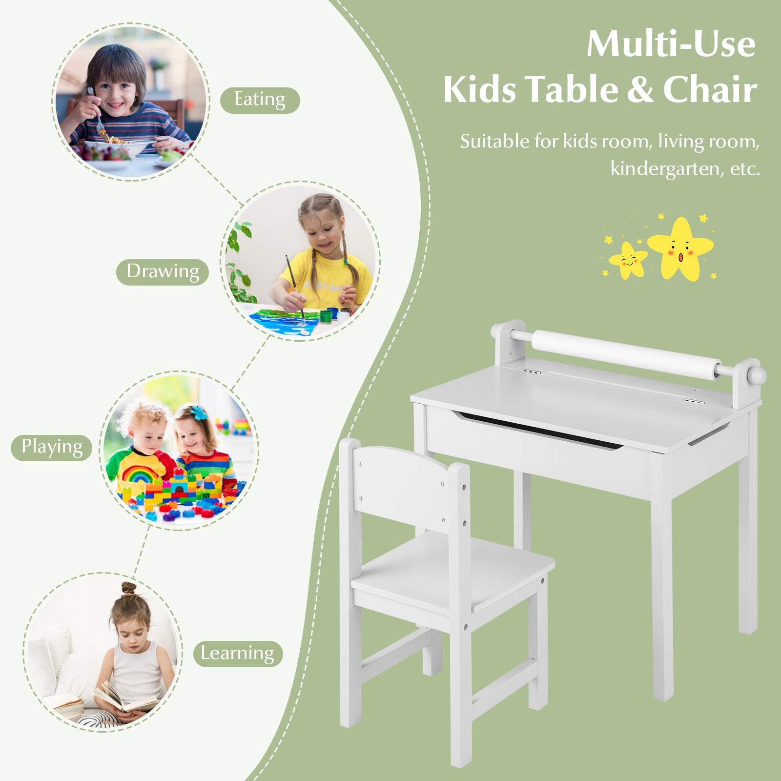 Wooden Kids Table and Chair Set with Storage and Paper Roll Holder, White Kids Table & Chair Sets   at Gallery Canada