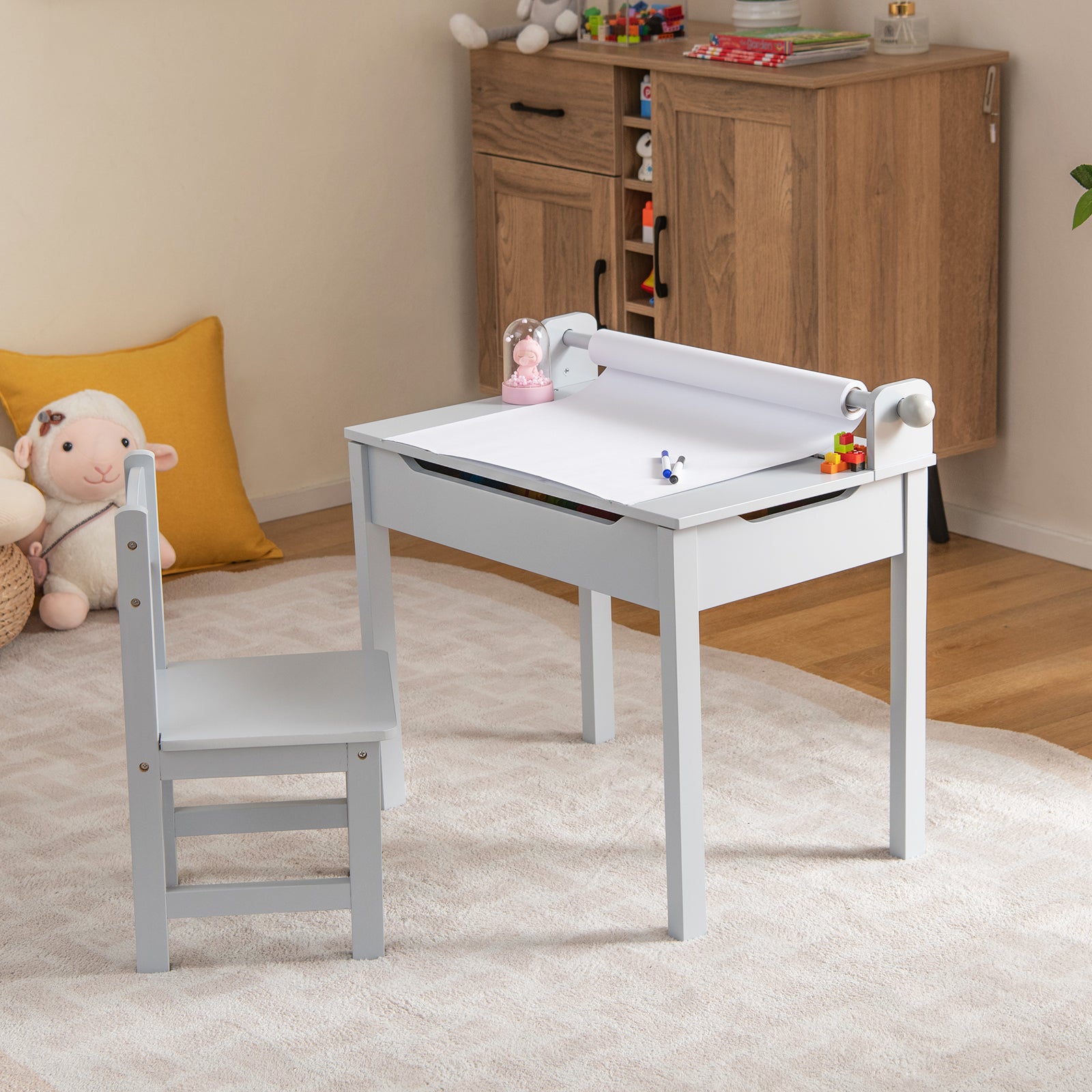 Wooden Kids Table and Chair Set with Storage and Paper Roll Holder, Gray Kids Table & Chair Sets   at Gallery Canada