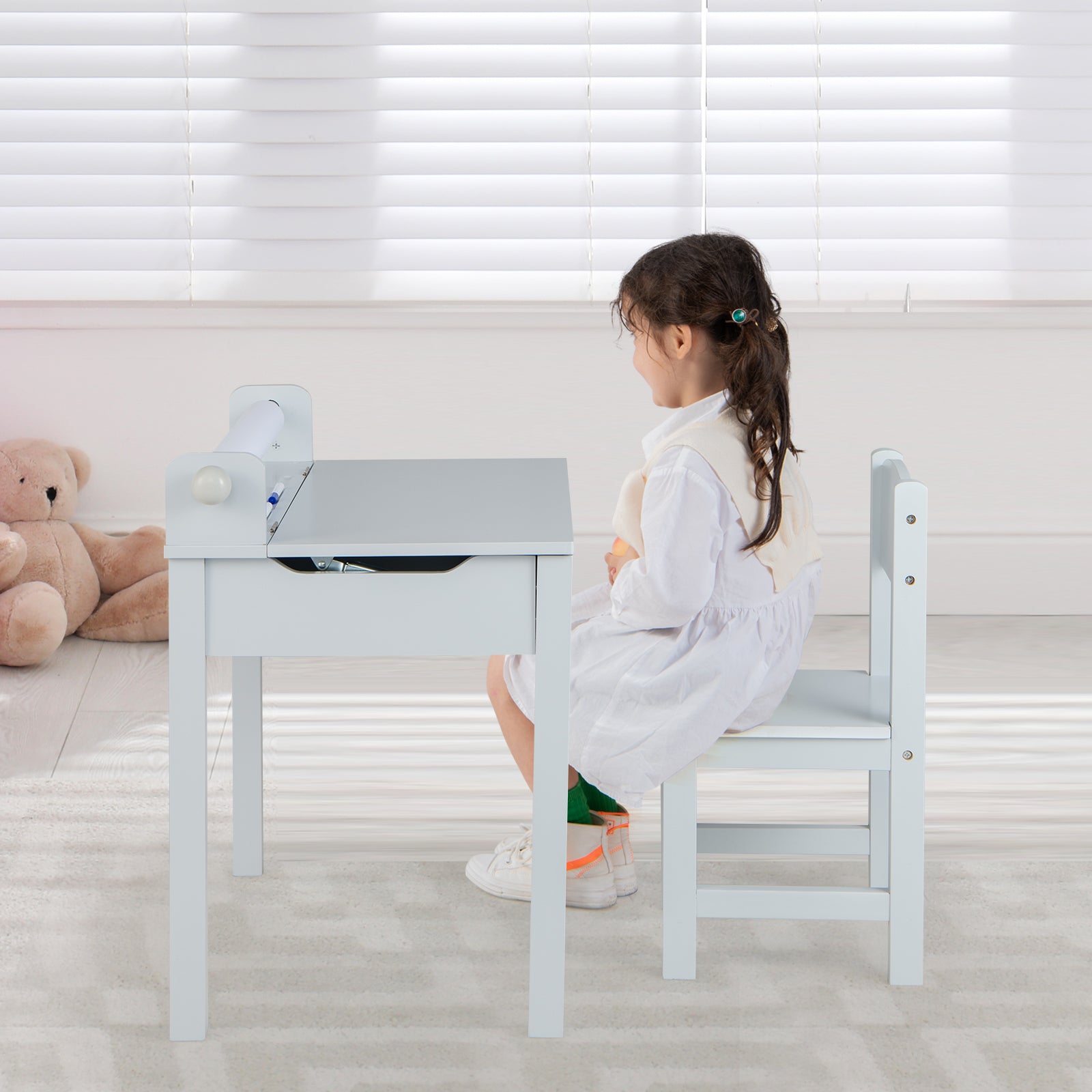 Wooden Kids Table and Chair Set with Storage and Paper Roll Holder, Gray Kids Table & Chair Sets   at Gallery Canada