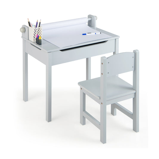 Wooden Kids Table and Chair Set with Storage and Paper Roll Holder, Gray Kids Table & Chair Sets Gray  at Gallery Canada