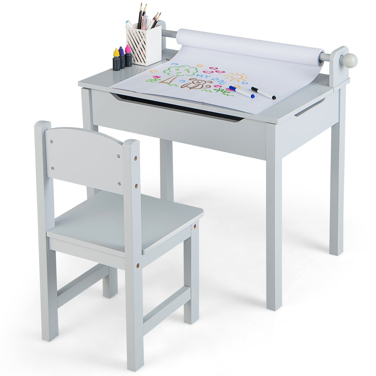 Wooden Kids Table and Chair Set with Storage and Paper Roll Holder, Gray Kids Table & Chair Sets   at Gallery Canada