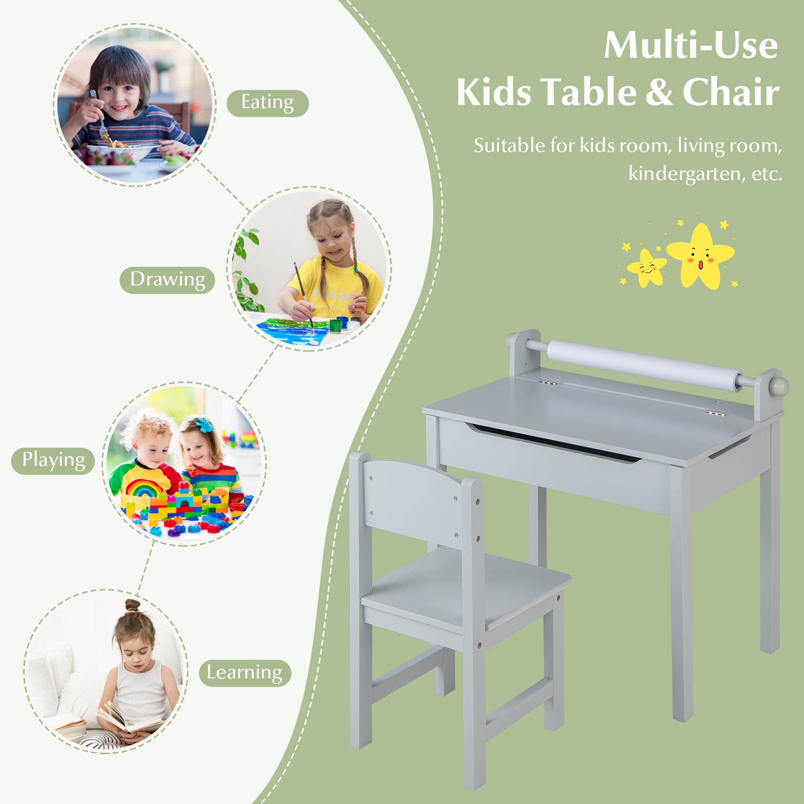 Wooden Kids Table and Chair Set with Storage and Paper Roll Holder, Gray Kids Table & Chair Sets   at Gallery Canada