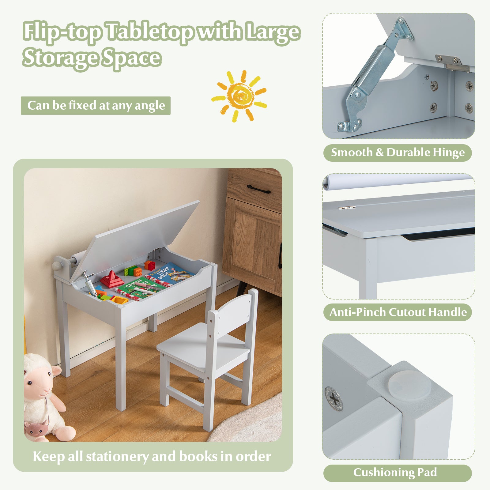 Wooden Kids Table and Chair Set with Storage and Paper Roll Holder, Gray Kids Table & Chair Sets   at Gallery Canada