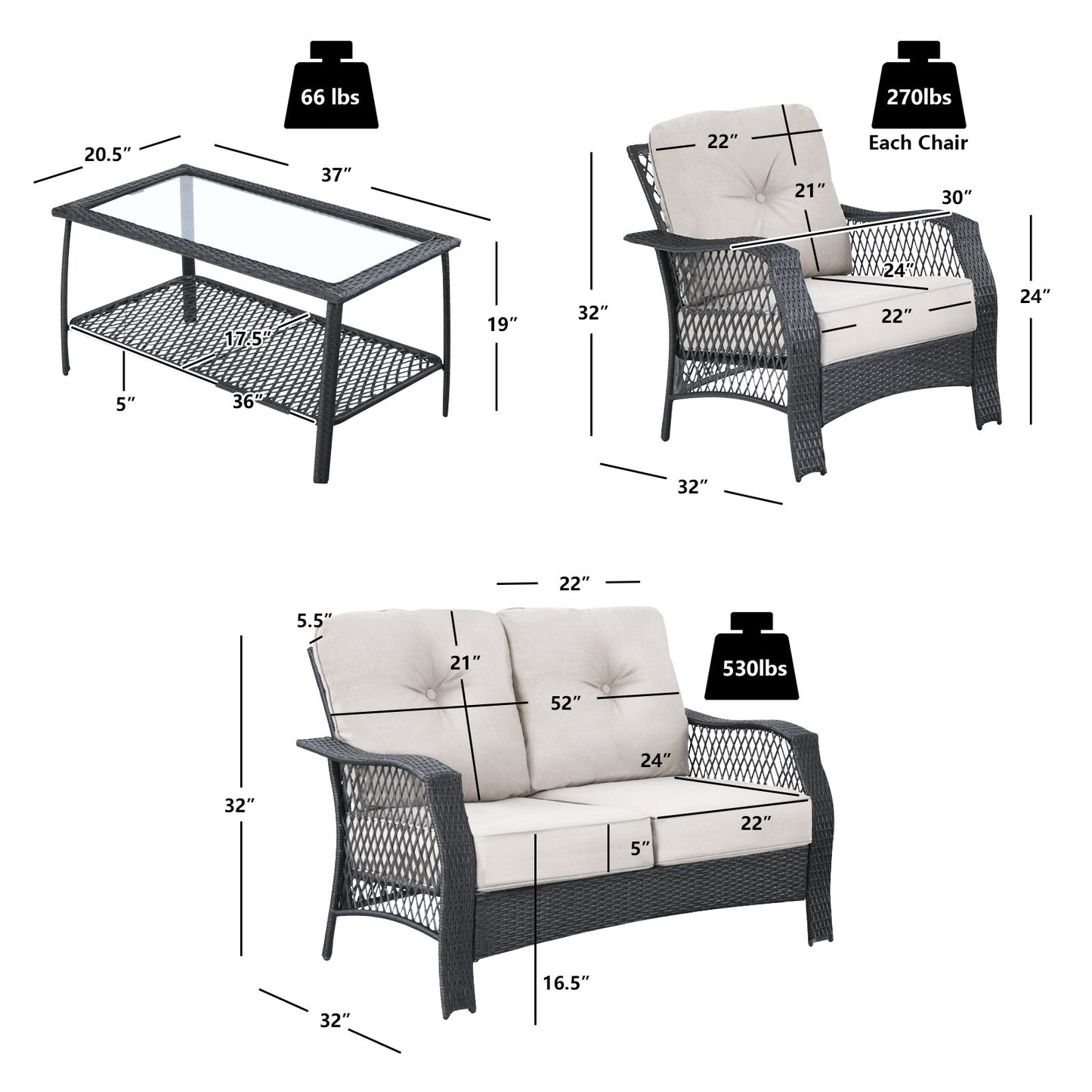 4 Pieces Patio Wicker Furniture Set Loveseat Sofa Coffee Table with Cushion, Beige Patio Conversation Sets   at Gallery Canada