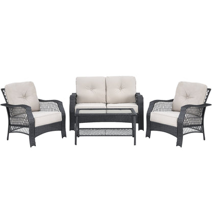 4 Pieces Patio Wicker Furniture Set Loveseat Sofa Coffee Table with Cushion, Beige Patio Conversation Sets   at Gallery Canada