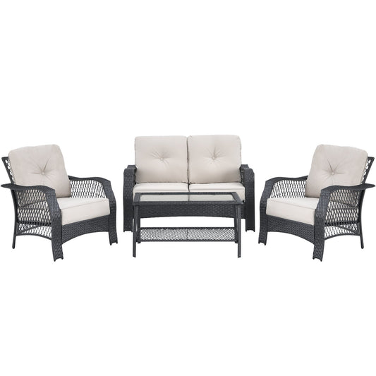 4 Pieces Patio Wicker Furniture Set Loveseat Sofa Coffee Table with Cushion, Beige Patio Conversation Sets   at Gallery Canada