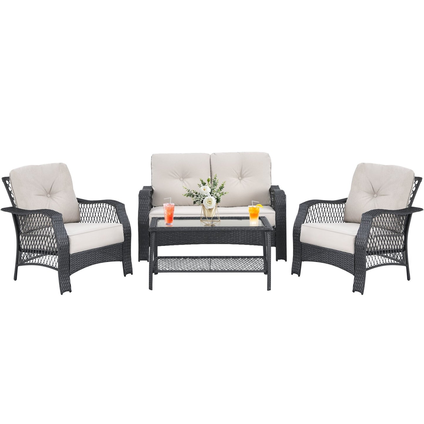 4 Pieces Patio Wicker Furniture Set Loveseat Sofa Coffee Table with Cushion, Beige Patio Conversation Sets   at Gallery Canada