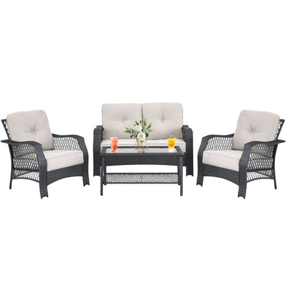 4 Pieces Patio Wicker Furniture Set Loveseat Sofa Coffee Table with Cushion, Beige Patio Conversation Sets   at Gallery Canada