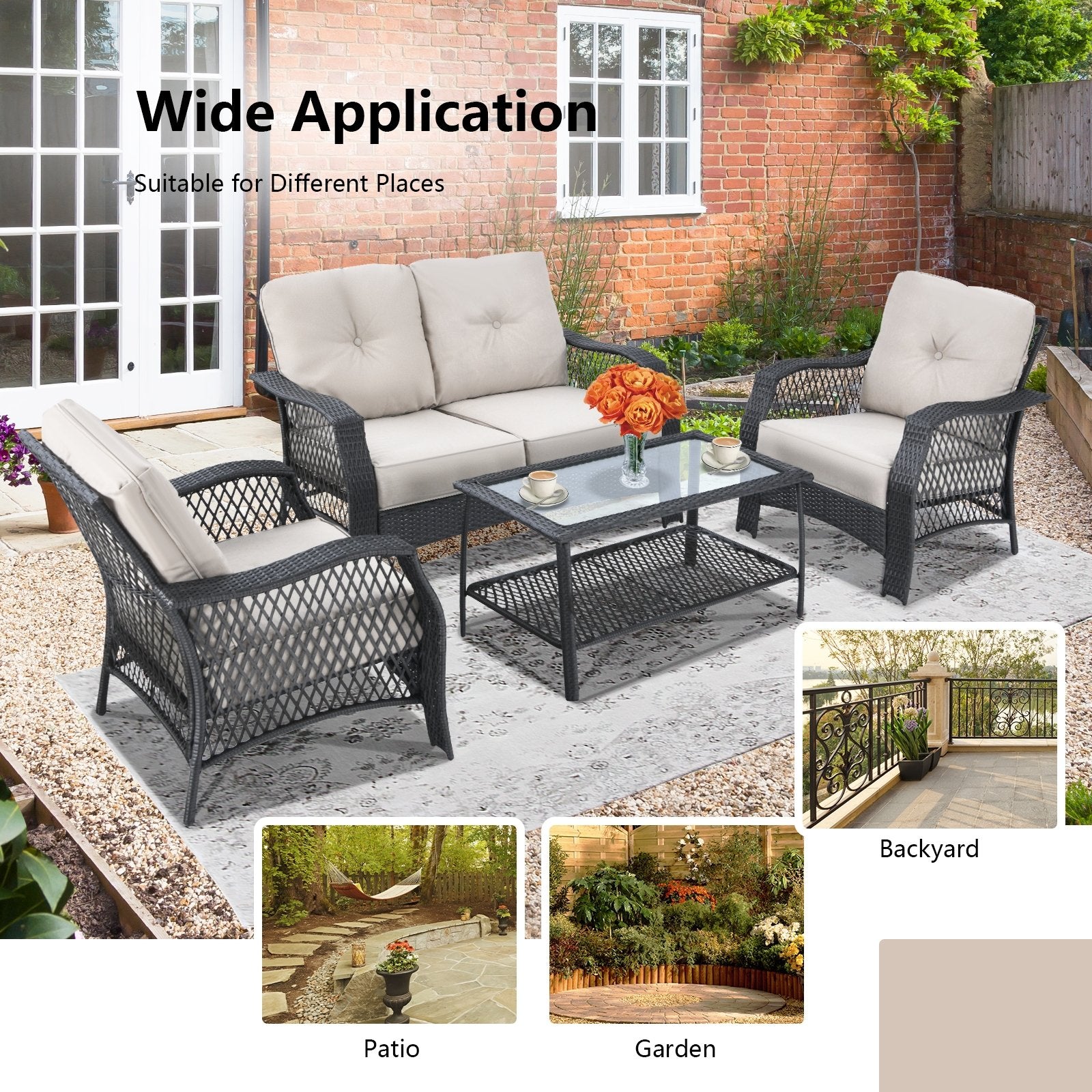 4 Pieces Patio Wicker Furniture Set Loveseat Sofa Coffee Table with Cushion, Beige Patio Conversation Sets   at Gallery Canada