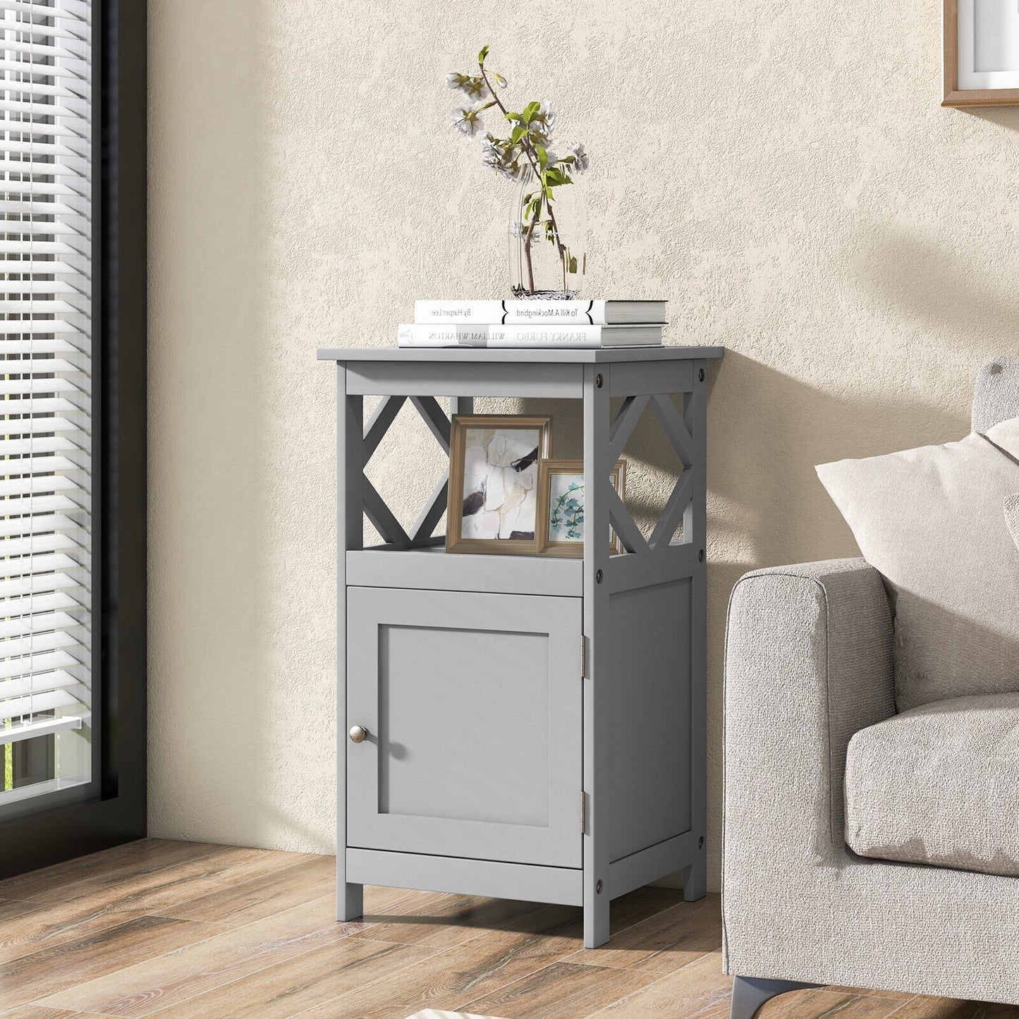 Bathroom Floor Cabinet Side Storage Organizer with Open Shelf and Single Door, Gray Floor Cabinets   at Gallery Canada