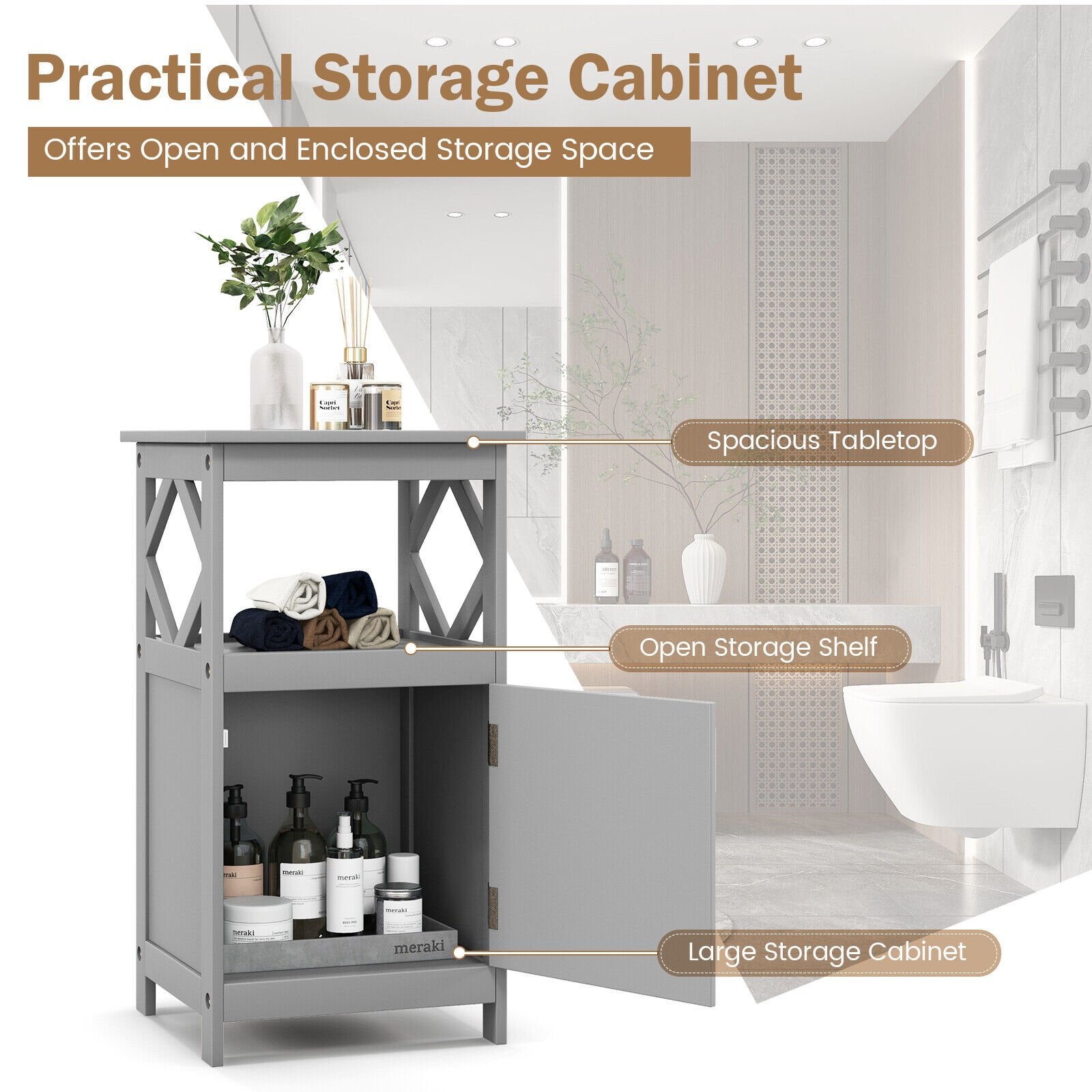 Bathroom Floor Cabinet Side Storage Organizer with Open Shelf and Single Door, Gray Floor Cabinets   at Gallery Canada