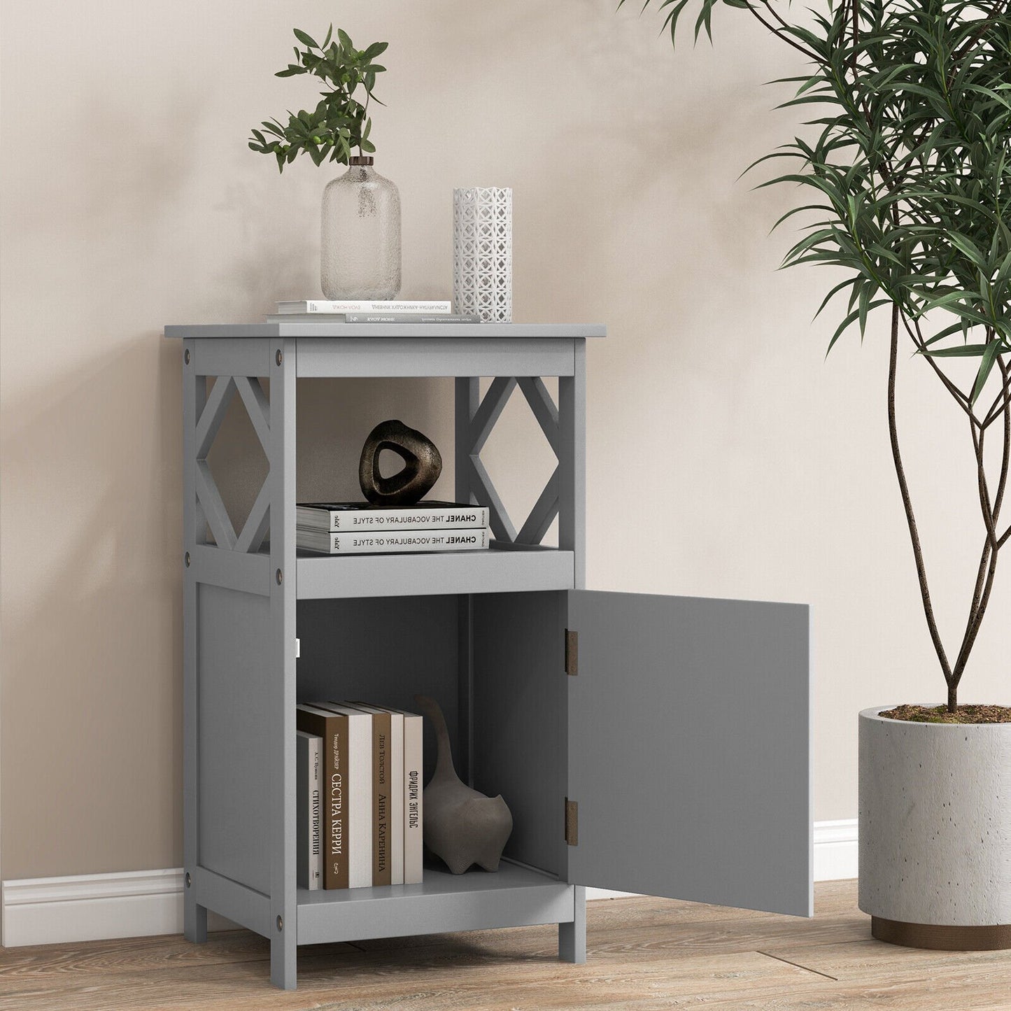 Bathroom Floor Cabinet Side Storage Organizer with Open Shelf and Single Door, Gray Floor Cabinets   at Gallery Canada