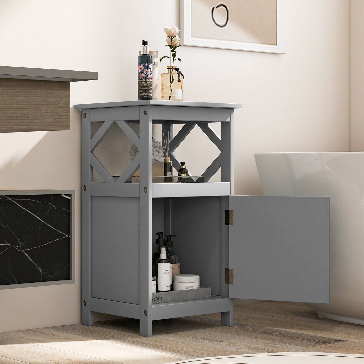 Bathroom Floor Cabinet Side Storage Organizer with Open Shelf and Single Door, Gray Floor Cabinets   at Gallery Canada