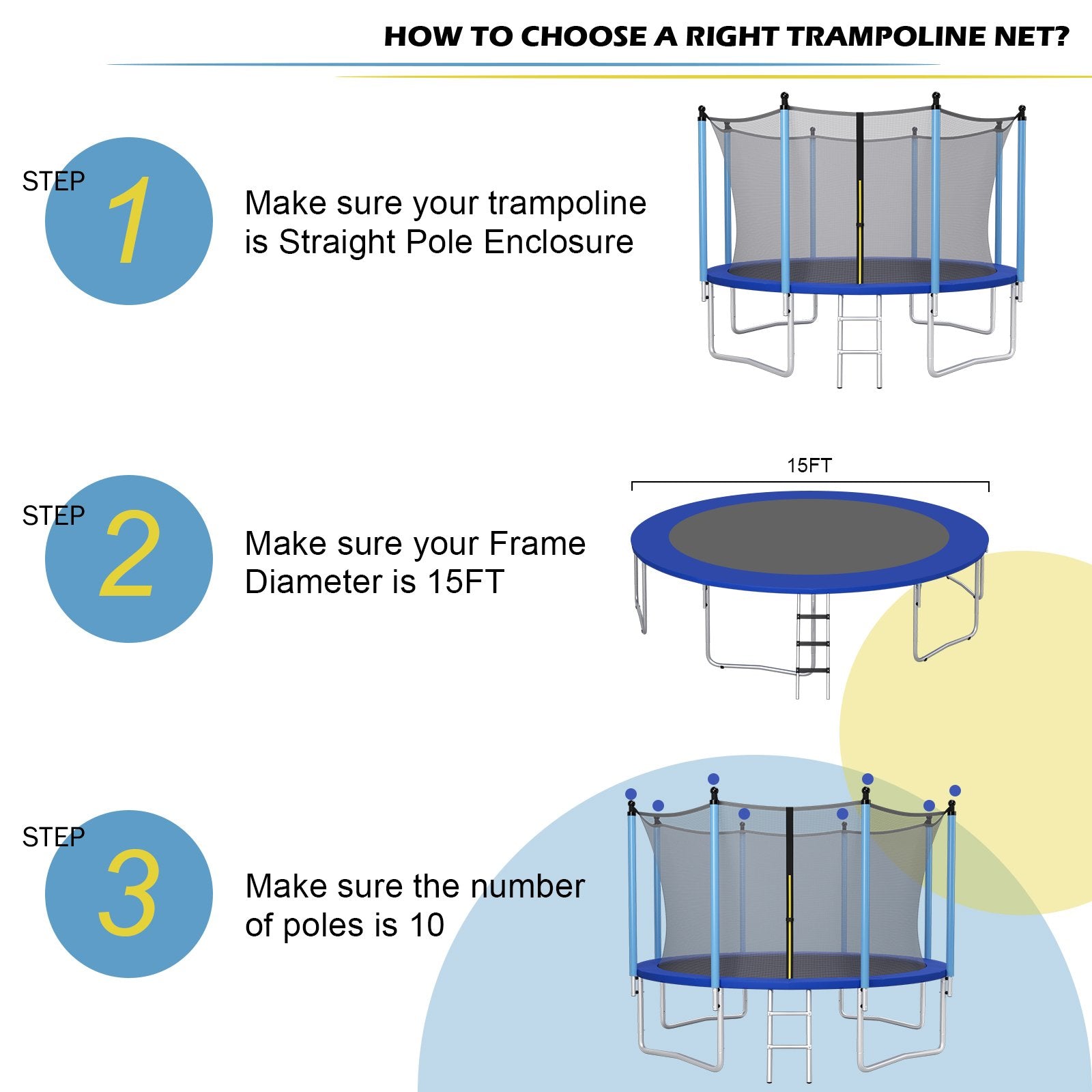 15/16 Feet Trampoline Replacement Safety Net with Adjustable Straps-15 ft, Black Trampoline Accessories   at Gallery Canada