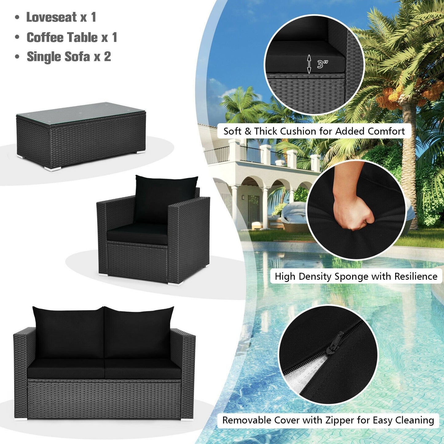 4 Pcs Patio Rattan Cushioned Furniture Set, Black Patio Conversation Sets   at Gallery Canada