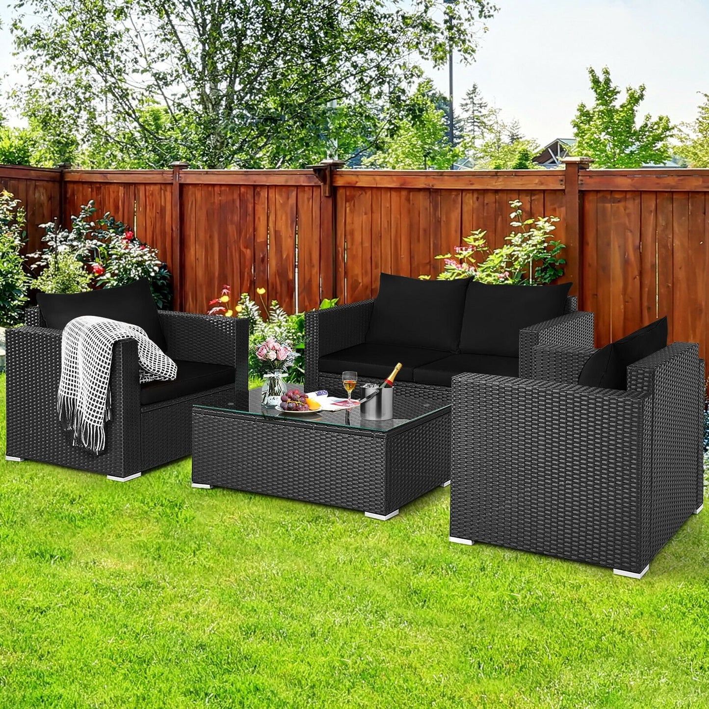 4 Pcs Patio Rattan Cushioned Furniture Set, Black Patio Conversation Sets   at Gallery Canada