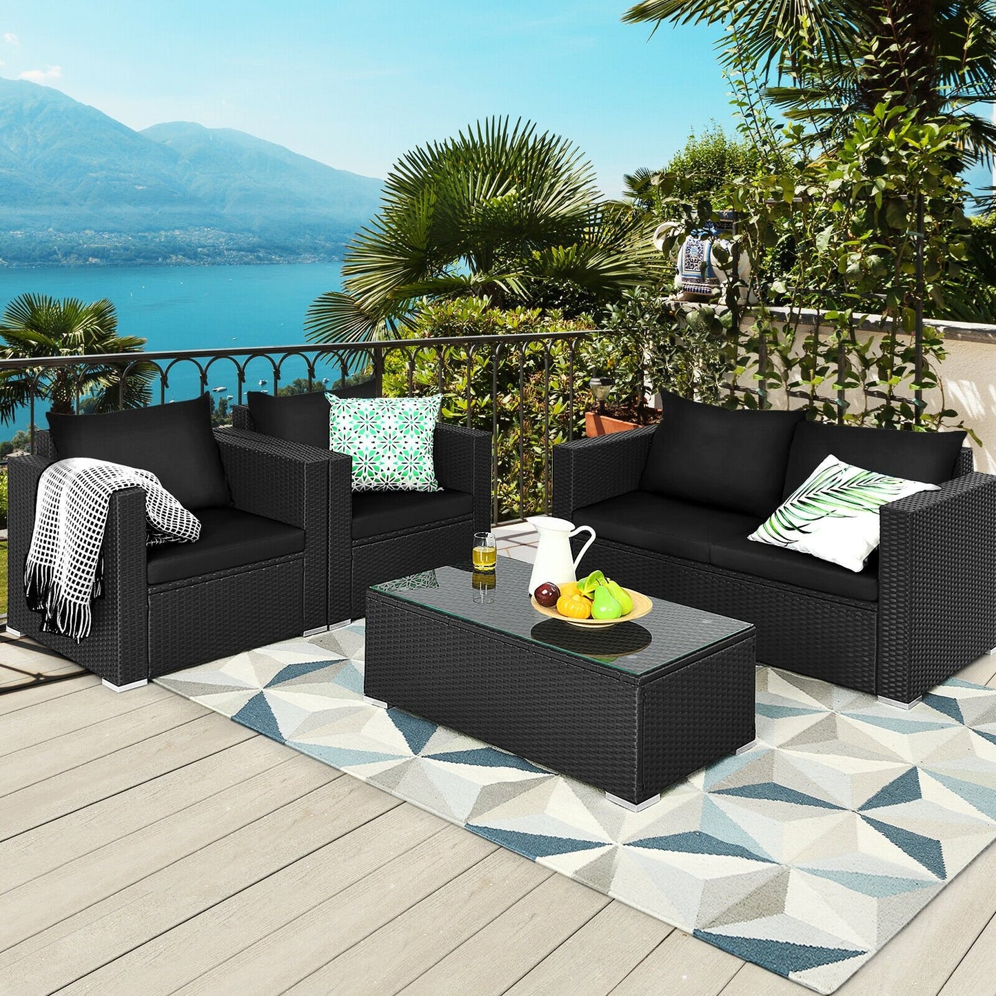 4 Pcs Patio Rattan Cushioned Furniture Set, Black Patio Conversation Sets   at Gallery Canada