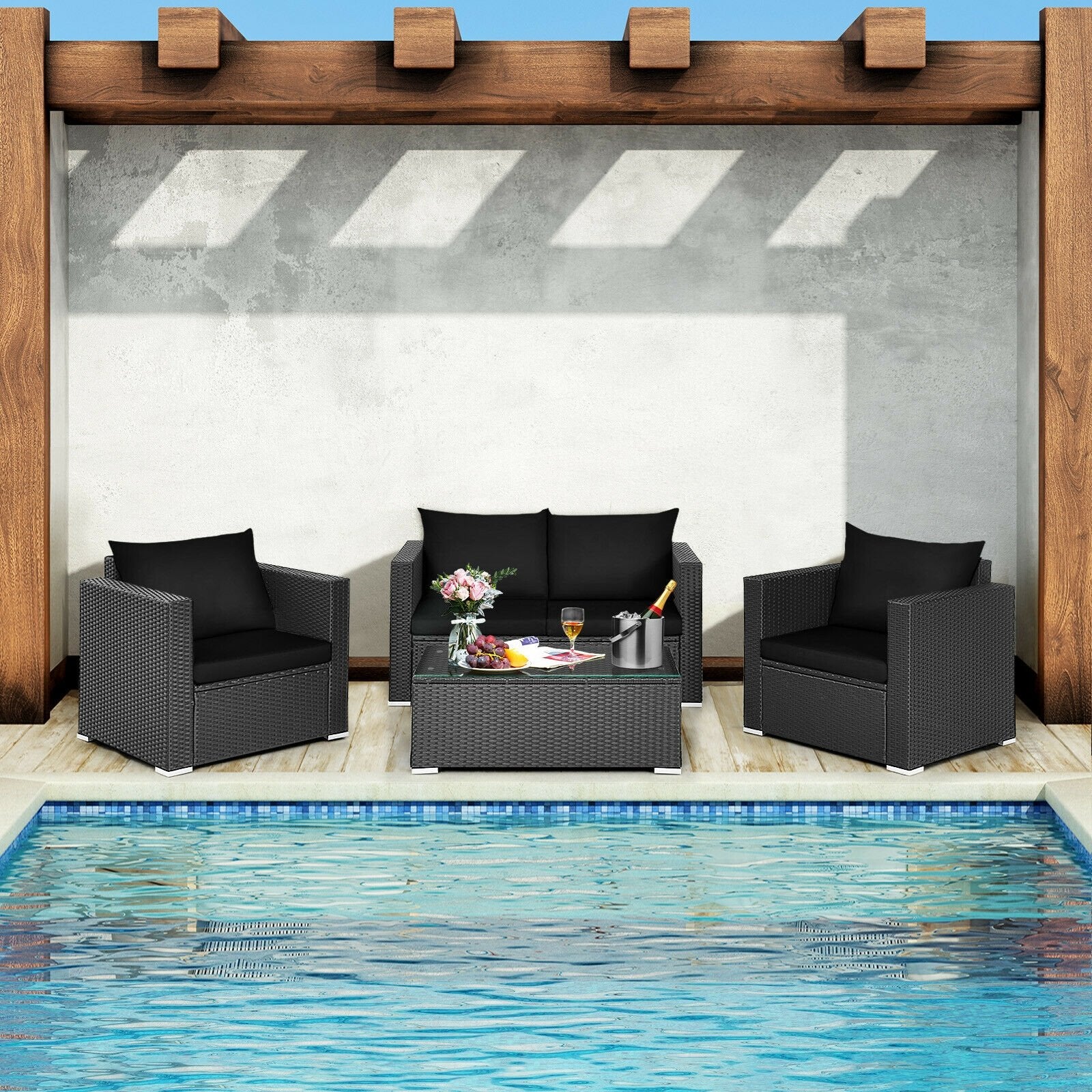 4 Pcs Patio Rattan Cushioned Furniture Set, Black Patio Conversation Sets   at Gallery Canada