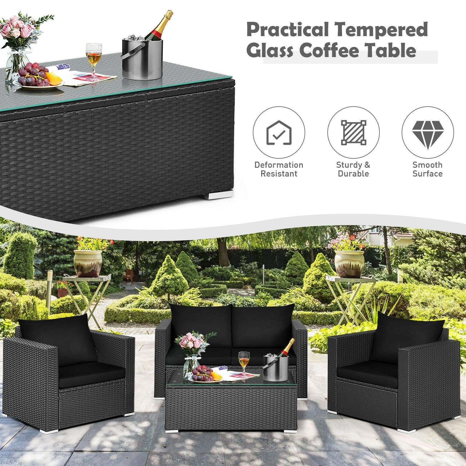 4 Pcs Patio Rattan Cushioned Furniture Set, Black Patio Conversation Sets   at Gallery Canada