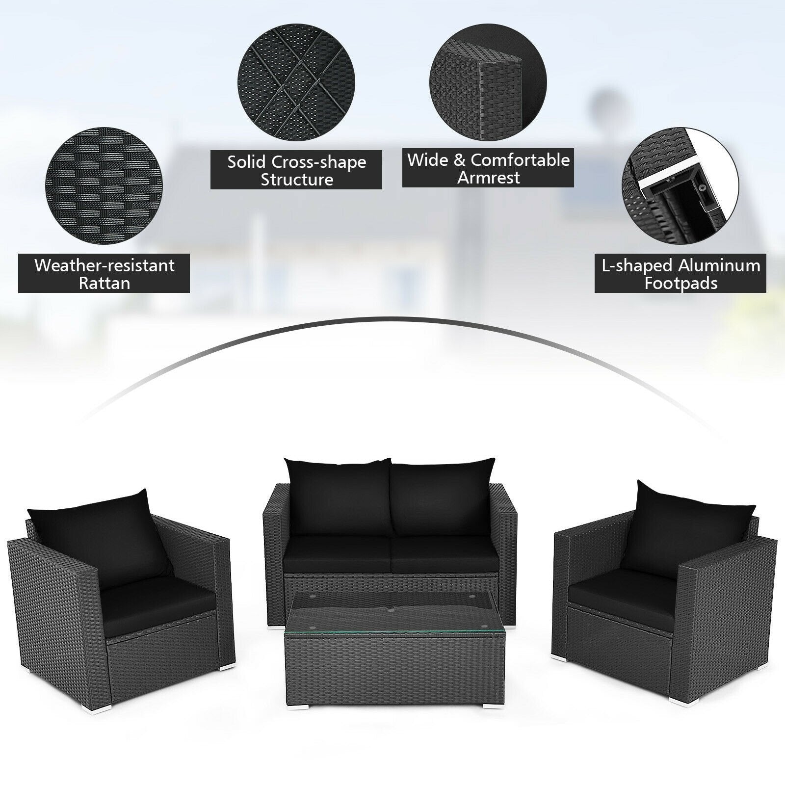 4 Pcs Patio Rattan Cushioned Furniture Set, Black Patio Conversation Sets   at Gallery Canada