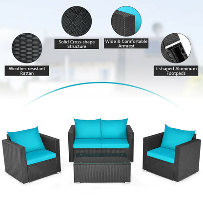 4Pcs Patio Rattan Cushioned Furniture Set, Turquoise Patio Conversation Sets   at Gallery Canada