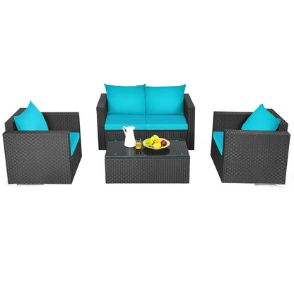 4Pcs Patio Rattan Cushioned Furniture Set, Turquoise Patio Conversation Sets   at Gallery Canada