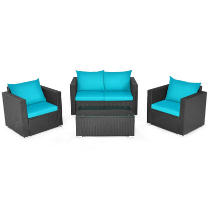 4Pcs Patio Rattan Cushioned Furniture Set, Turquoise Patio Conversation Sets   at Gallery Canada