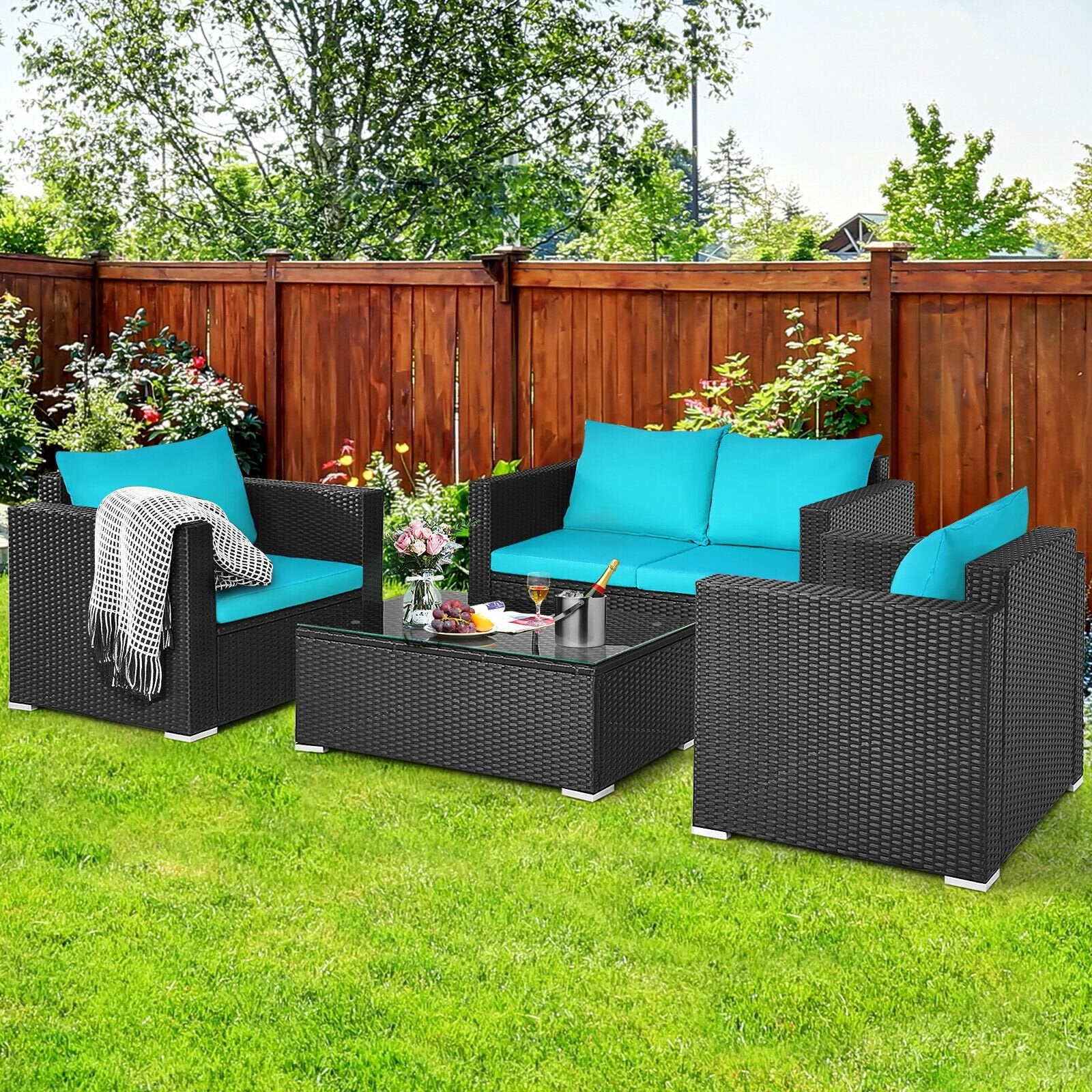 4Pcs Patio Rattan Cushioned Furniture Set, Turquoise Patio Conversation Sets   at Gallery Canada